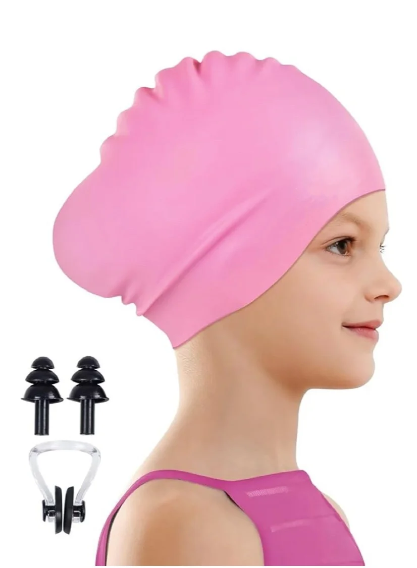 Premium Silicone Swim Cap for Kids with Long Thick Hair (Pink, One Size) Includes Ear Plugs and Nose Clip a2jko