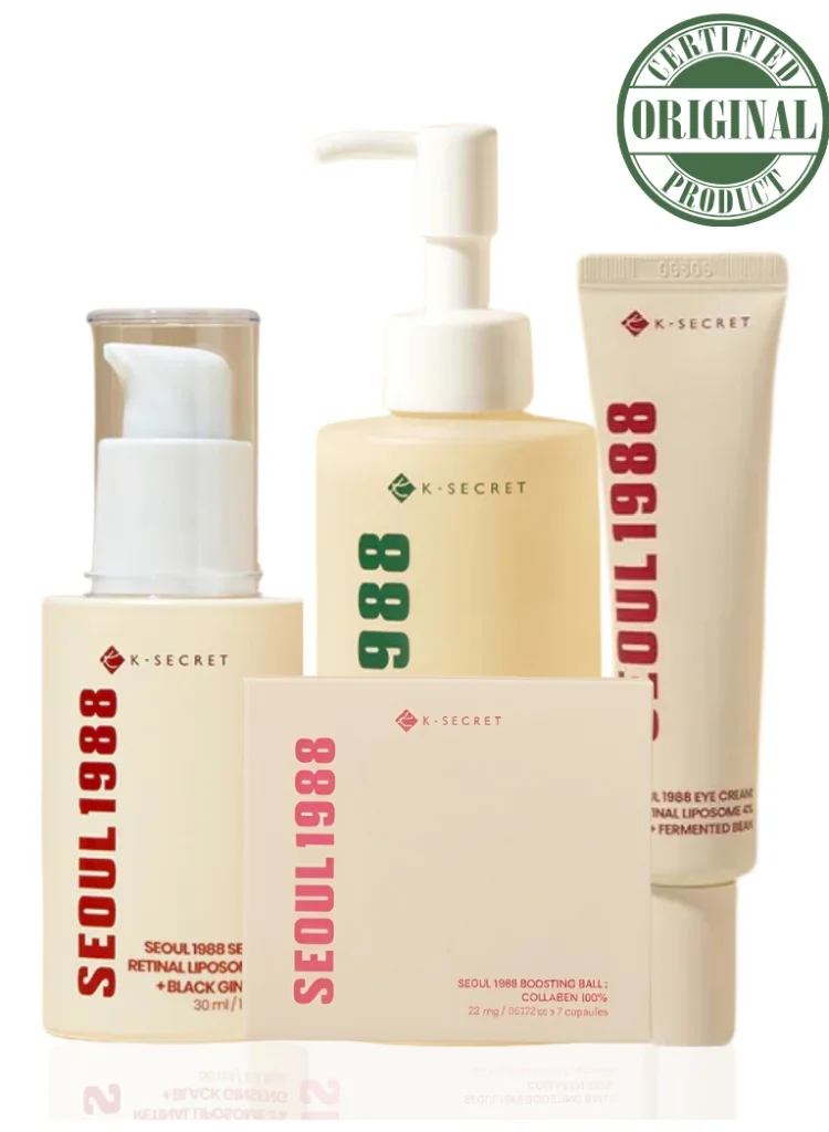 Seoul 1988 Retinal and Collagen Skincare Set (30ml Serum, 200ml Cleansing Oil, Eye Cream, 25mg Collagen Ball) for Mature Skin ek3c4