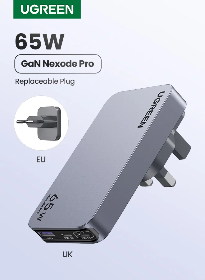 Ugreen Nexode Pro 65W Wall Charger 2C1A Fast Charging Adapter with Replaceable UK and EU Plugs (65W, 2C1A) 40ga3