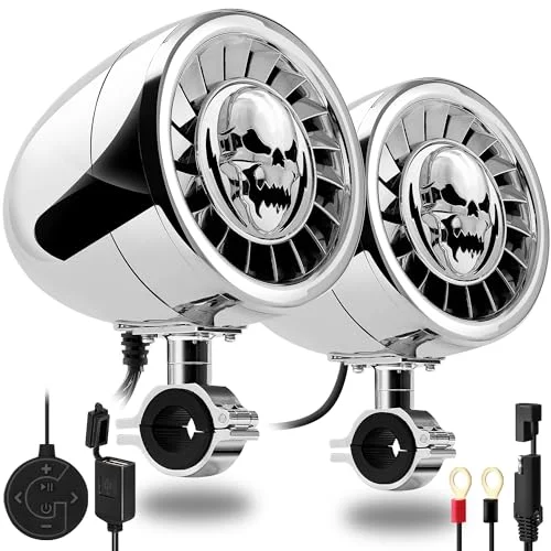 Premium Motorcycle Bluetooth Speaker System Waterproof Audio Player with Built-in Amplifier for ATV UTV (Chrome, 5-inch) bkzcp