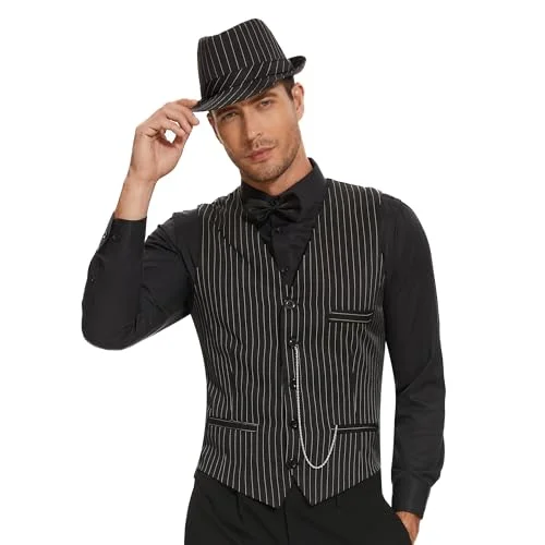Pixiemain 1920s Mens Gangster Costume Set Vintage Roaring Twenties Outfit with Vest Fedora Hat and Bow Tie (2XL) 4vier