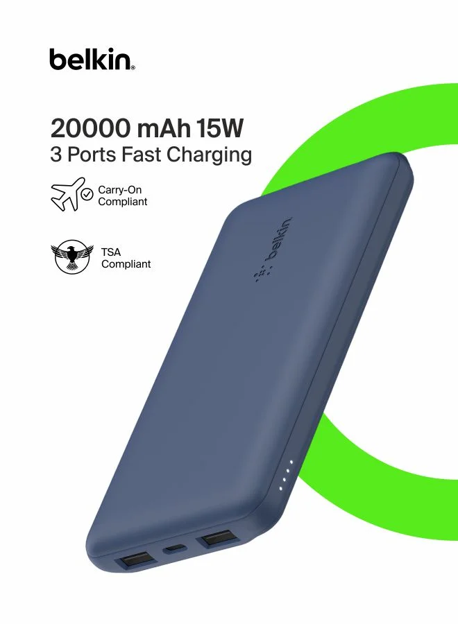 Premium Portable Power Bank 20000mAh High-Capacity External Battery with USB-C Input Output and Dual USB-A Ports (Blue, 20000mAh) gm0m7