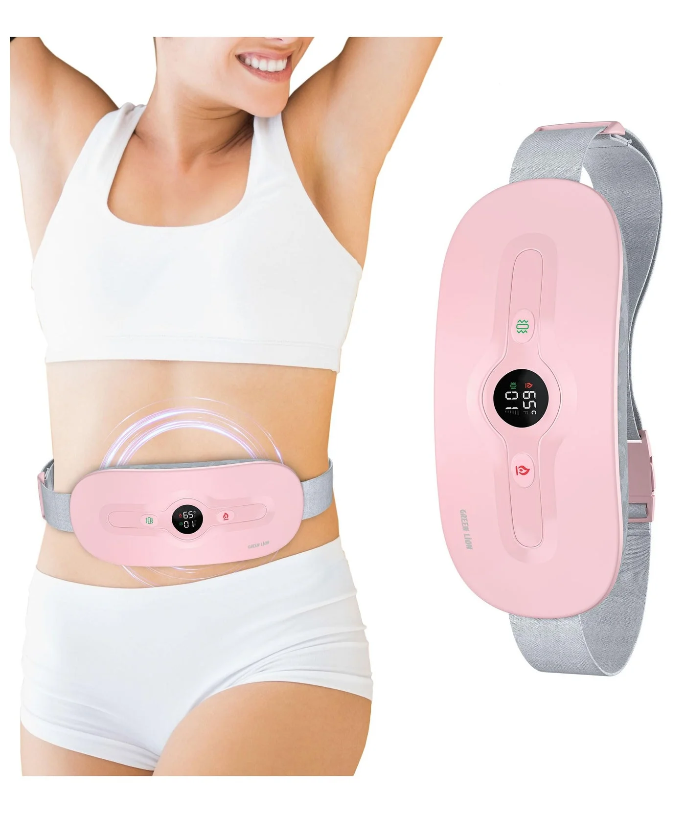 Green Lion Bloom Heat Menstrual Heating Pad, Portable Massager Belt with 6 Vibration Modes for Comfort and Relaxation (Pink) qj2zs