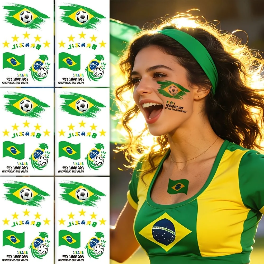 Brazil National Flag Temporary Face Tattoos Waterproof Sports Fan Decals (6 Sheets) 43foj
