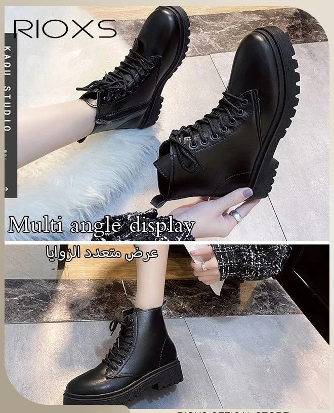 RIOXS Women's Fashion Ankle Boots, Casual Side Zipper Lace Up Combat Booties, Low Heel Round Toe Leather Shoes For Women s61di