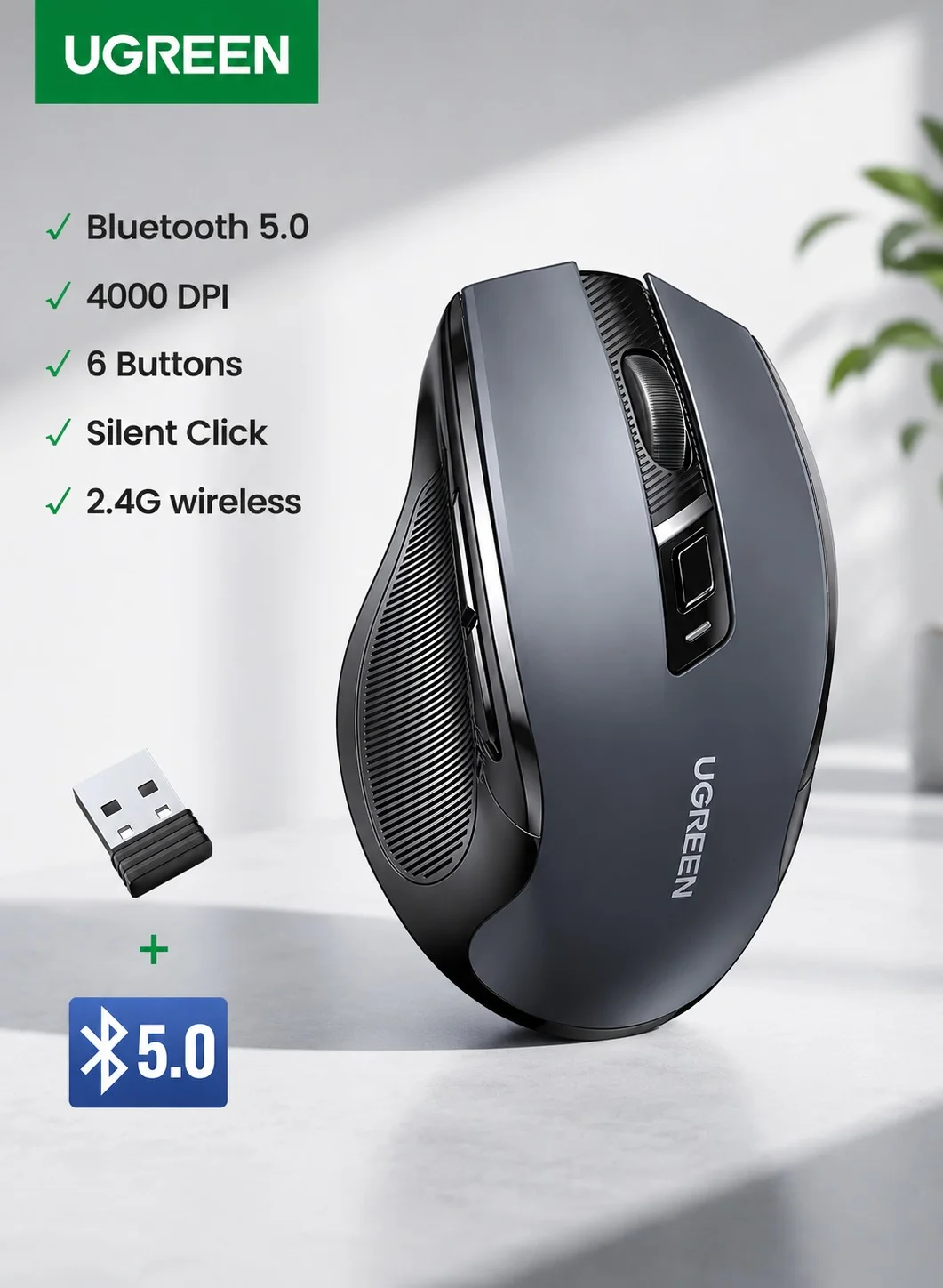 Ugreen Wireless Ergonomic Mouse Dual Mode Bluetooth 5.0 and 2.4G USB Receiver Silent Click 4000DPI Adjustable for Laptop and Smart TV 0cgmp