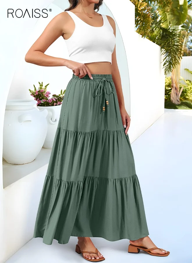 Roaiss Women's Boho Maxi Skirt A-Line Flowy Ruffle Tiered High Waist Beach Long Skirt with Pockets (Green, One Size) m8fzh