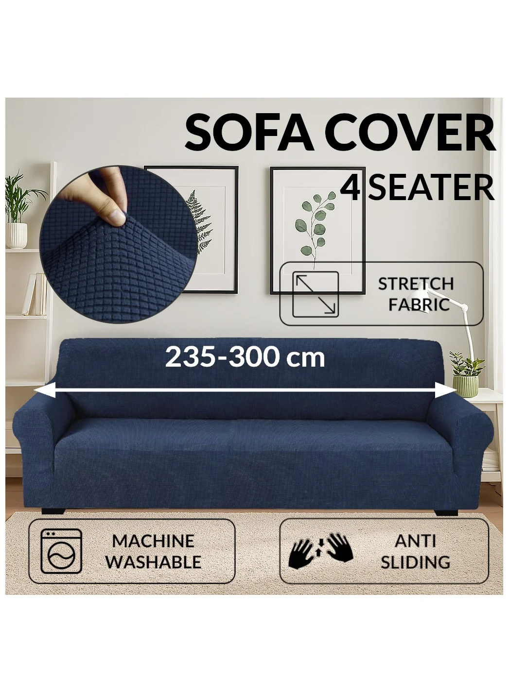 Fabienne Stretch Fit 4-Seater Sofa Cover Soft Brushed Fabric Furniture Protector (Navy, 235-300cm) iorpe