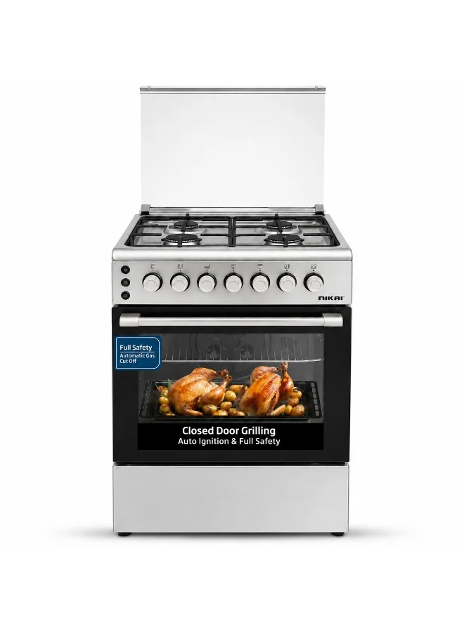 Premium 60x60cm Gas Cooker with 4 Burners and Cast-Iron Pan Support (Silver, 60x60cm) emzlh