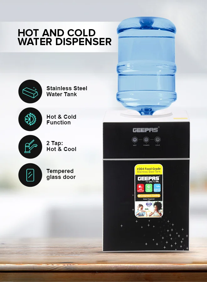 GEEPAS Desktop Water Dispenser with Stainless Steel Tank and Dual Taps (Black, 2-Tap System) m9e2c