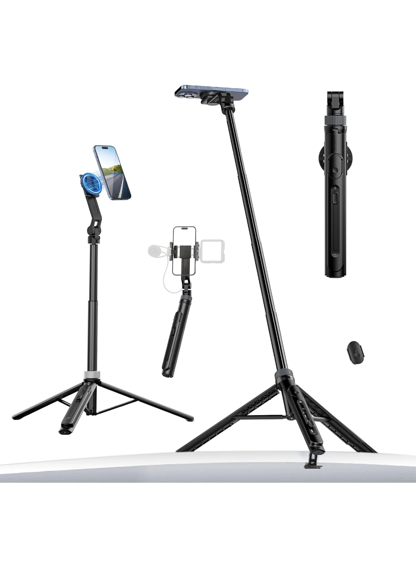 Magnetic Phone Tripod Stand with Remote, 145cm Extendable Selfie Stick, 2-in-1 Clip & Dual Cold Shoe Mounts for Vlogging (Black, 145cm) 1xpqh