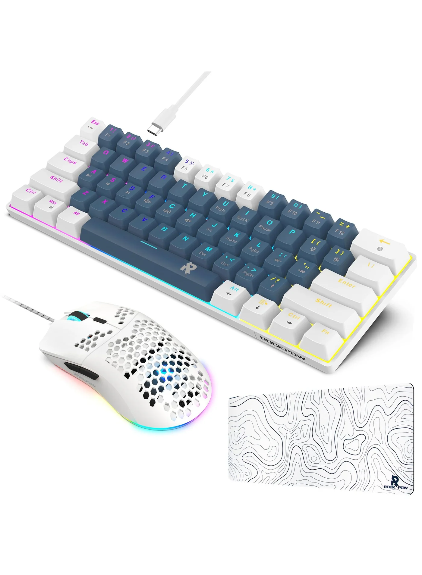 Rock Pow 3-in-1 Mechanical Gaming Keyboard and Mouse Combo with RGB Backlit 61-Key Layout and Large Mouse Pad (Red Switch, 700x300mm) b6w0m