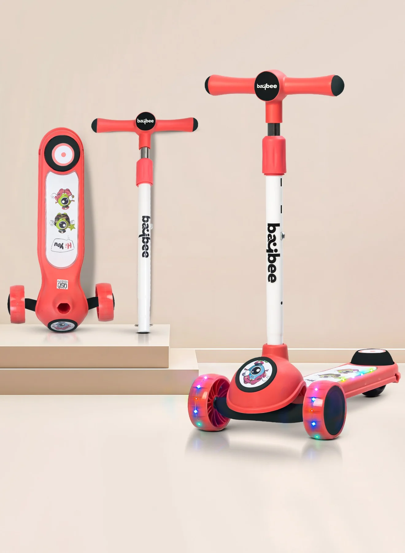 Premium 3-Wheel Kids Kick Scooter with LED PU Wheels and Adjustable Height (Red, 3 to 8 Years) fn87o