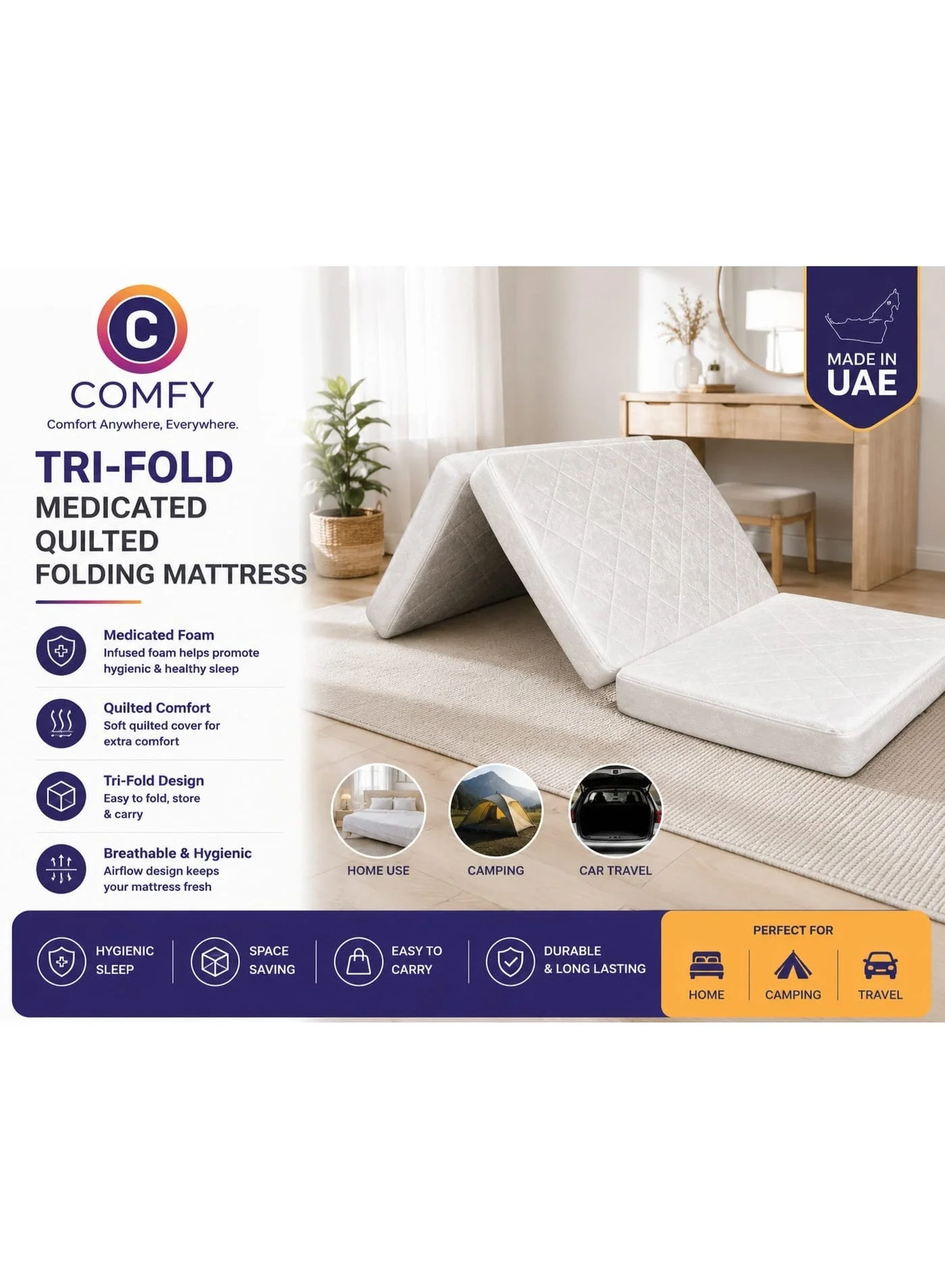 Premium Folding Portable Mattress Knitted Cotton Breathable Bedding (White, 180x90x7 cm) ngnvn