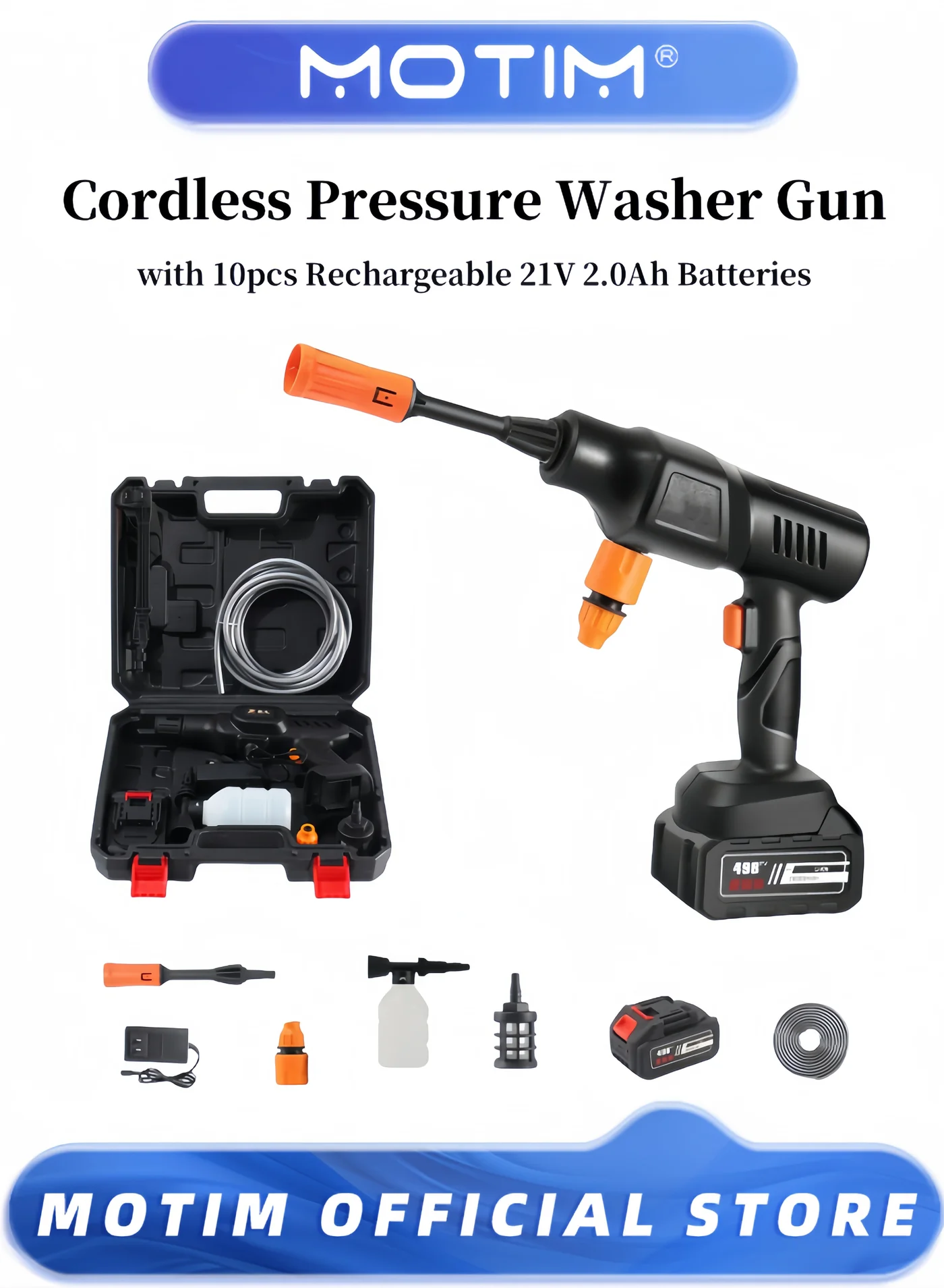 Motim Cordless Pressure Washer Gun Portable High-Pressure Car Cleaner with 21V Rechargeable Battery (9-12 Meters Range, 10-Piece Set) m4ka4