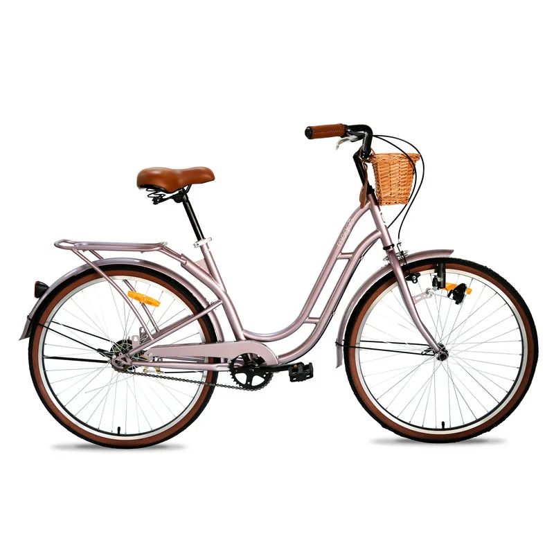 MOGOO Vintage City Bike for Women and Girls, Durable Steel Step-Through Frame with Wicker Basket and Rear Carrier (Lavender, 24-Inch) r8tie