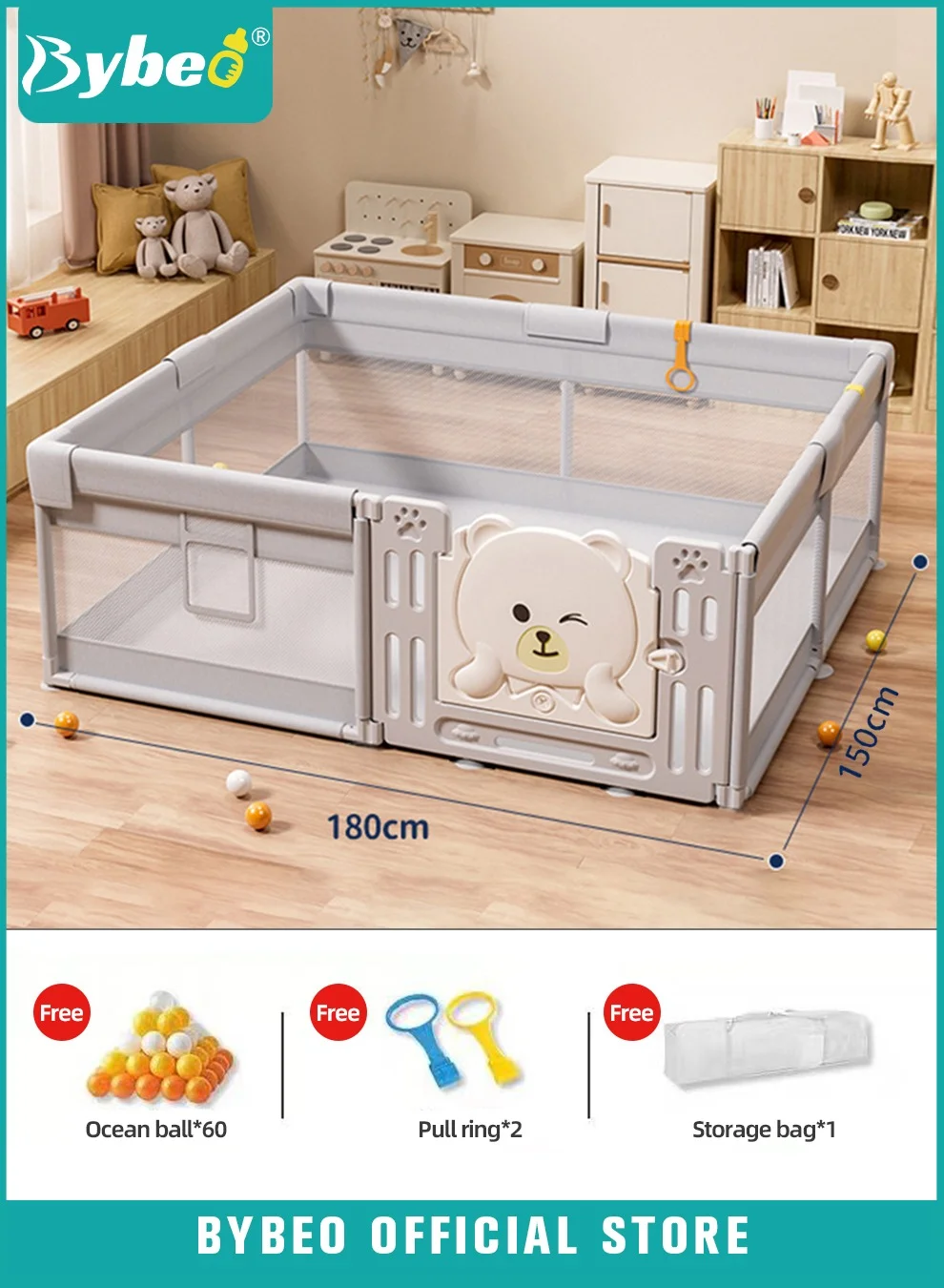Bybeo Baby Playpen Activity Center, Portable Sturdy Playard with Breathable Mesh and Safety Lock (150x180cm) 1hdos