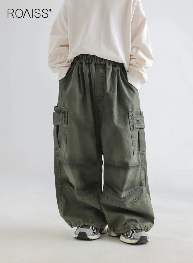 Roaiss Boys Casual Baggy Cargo Pants Elastic Waist Wide Leg Trousers with Pockets for School and Daily Wear (140 cm) ip393