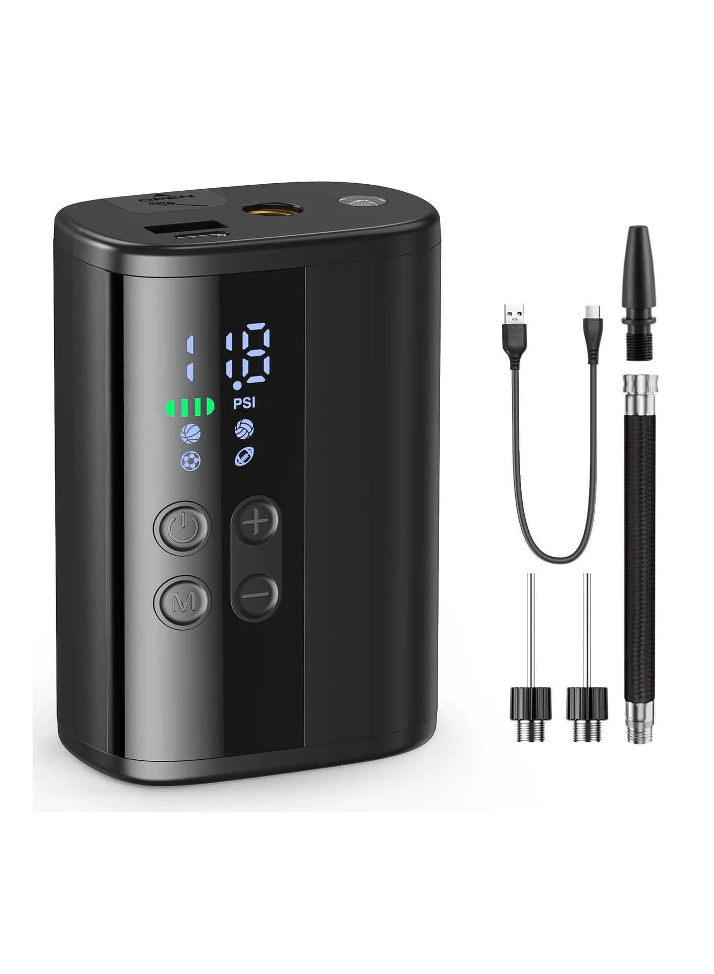 SYOSI Portable Electric Ball Pump with Digital Pressure Gauge and Power Bank (4 Preset Modes, 2 Pins, 1 Nozzle) jsm61