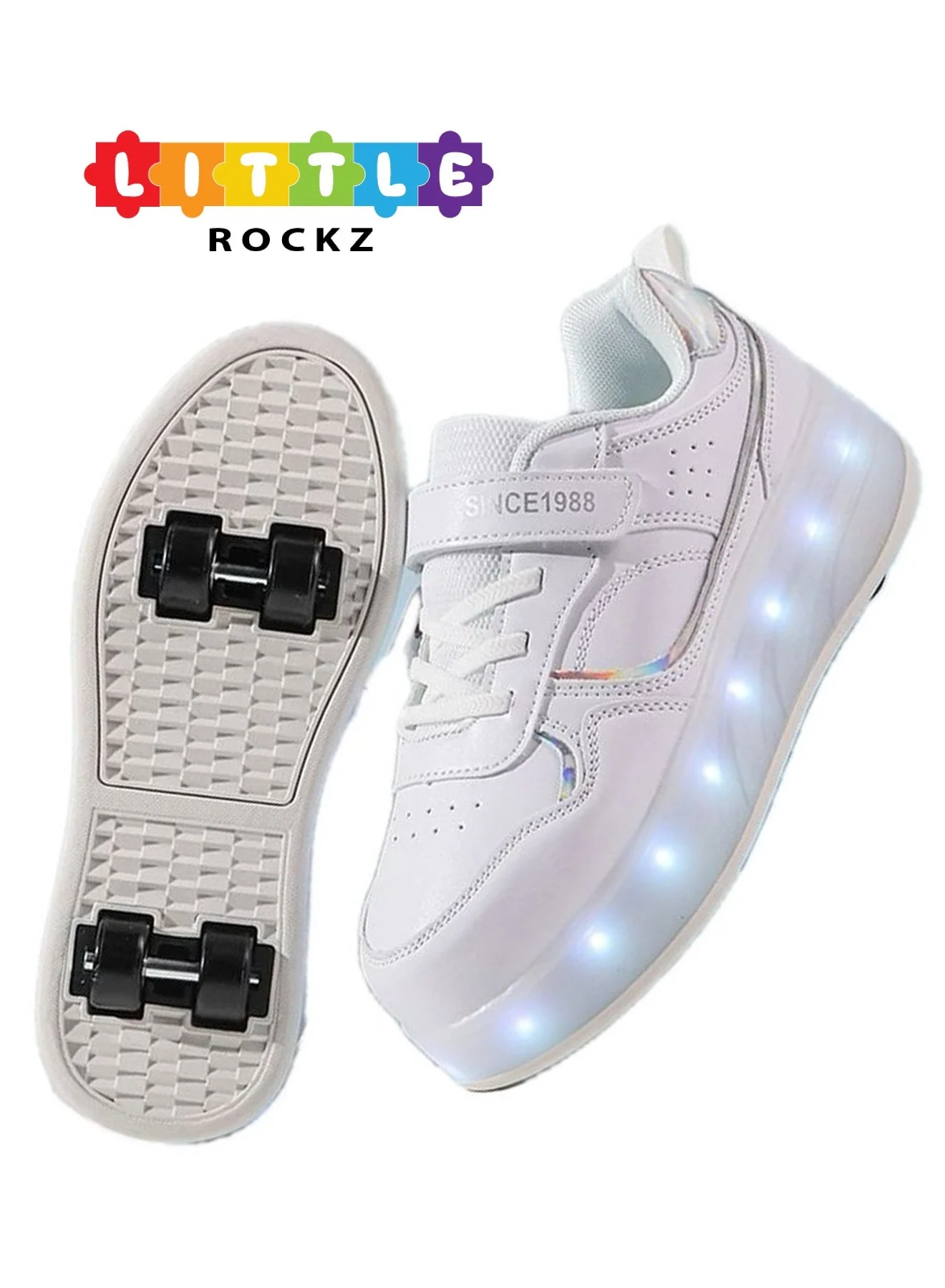 LITTLE ROCKZ Kids Roller Shoes with Rechargeable LED Lights (White, Size 30-38) 2qu1l