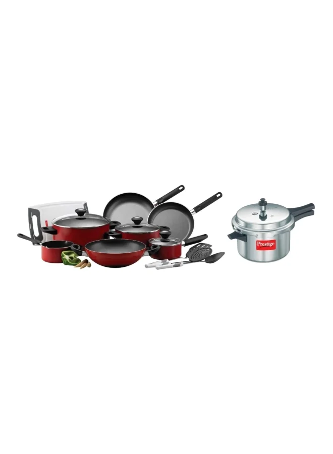 Classique Pro 14-Piece Non-Stick Aluminium Cookware Set with 4L Pressure Cooker (Black/Red/Silver, 14-Piece) nxes4