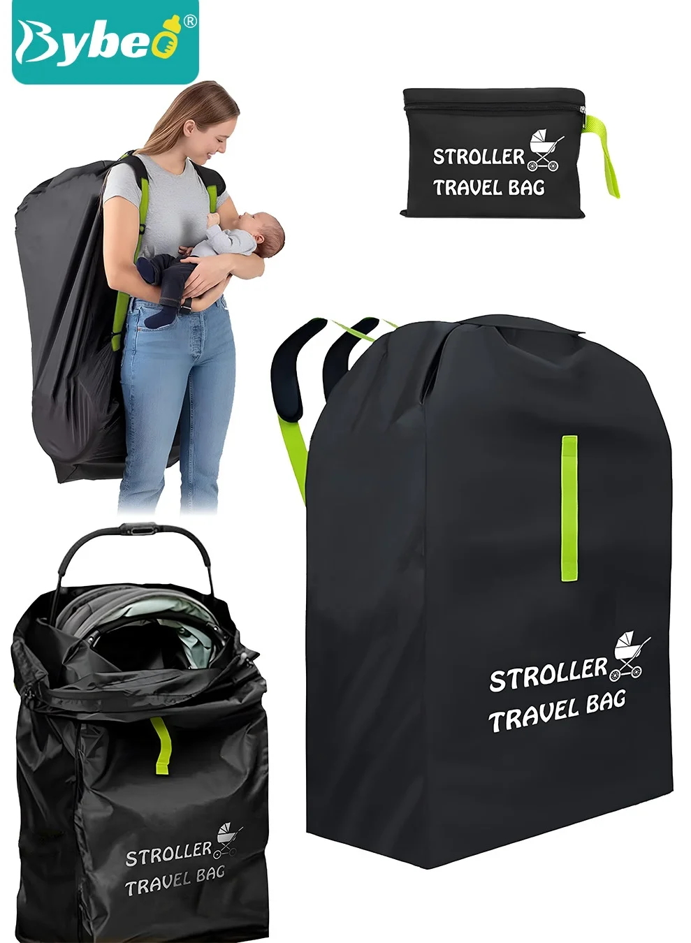 Bybeo Stroller Travel Bag for Airplane and Car Seat, Waterproof Heavy-Duty Transport Carry Cover with Shoulder Strap (Large) 76z8x