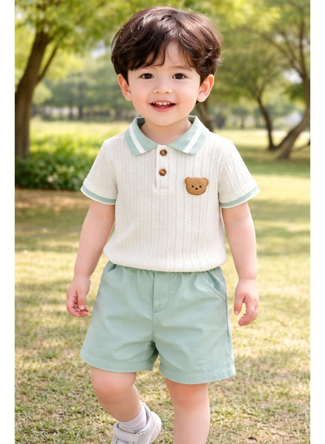 Smarties AE Toddler Boys 2-Piece Outfit Set Cable Knit Polo Shirt with Teddy Patch and Elastic Waist Shorts (18-24 Months) 0ktrk