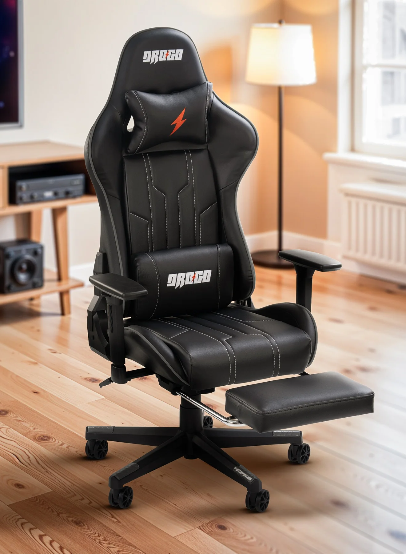 DROGO Ergonomic Gaming Chair Premium PU Leather Computer Desk Chair with 3D Armrests Footrest and Memory Foam Support (Black) 6h8lb