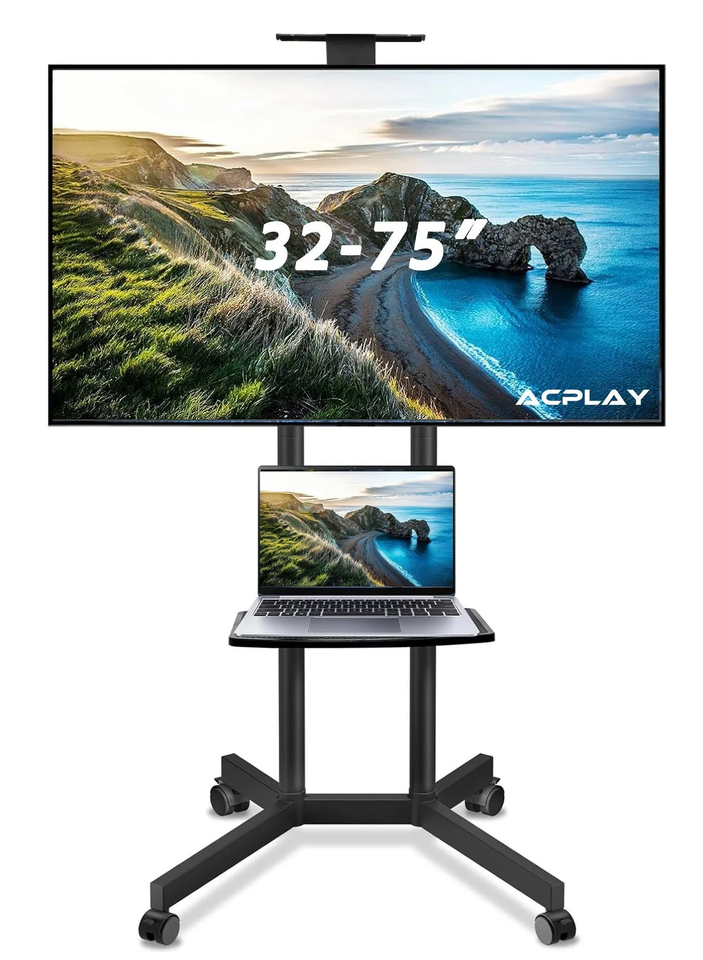 ACPLAY Rolling TV Cart with Adjustable Height for 32-75 Inch Displays, Mobile Stand with Lockable Wheels and Detachable Shelf (Max VESA 600x400mm) 3htmo