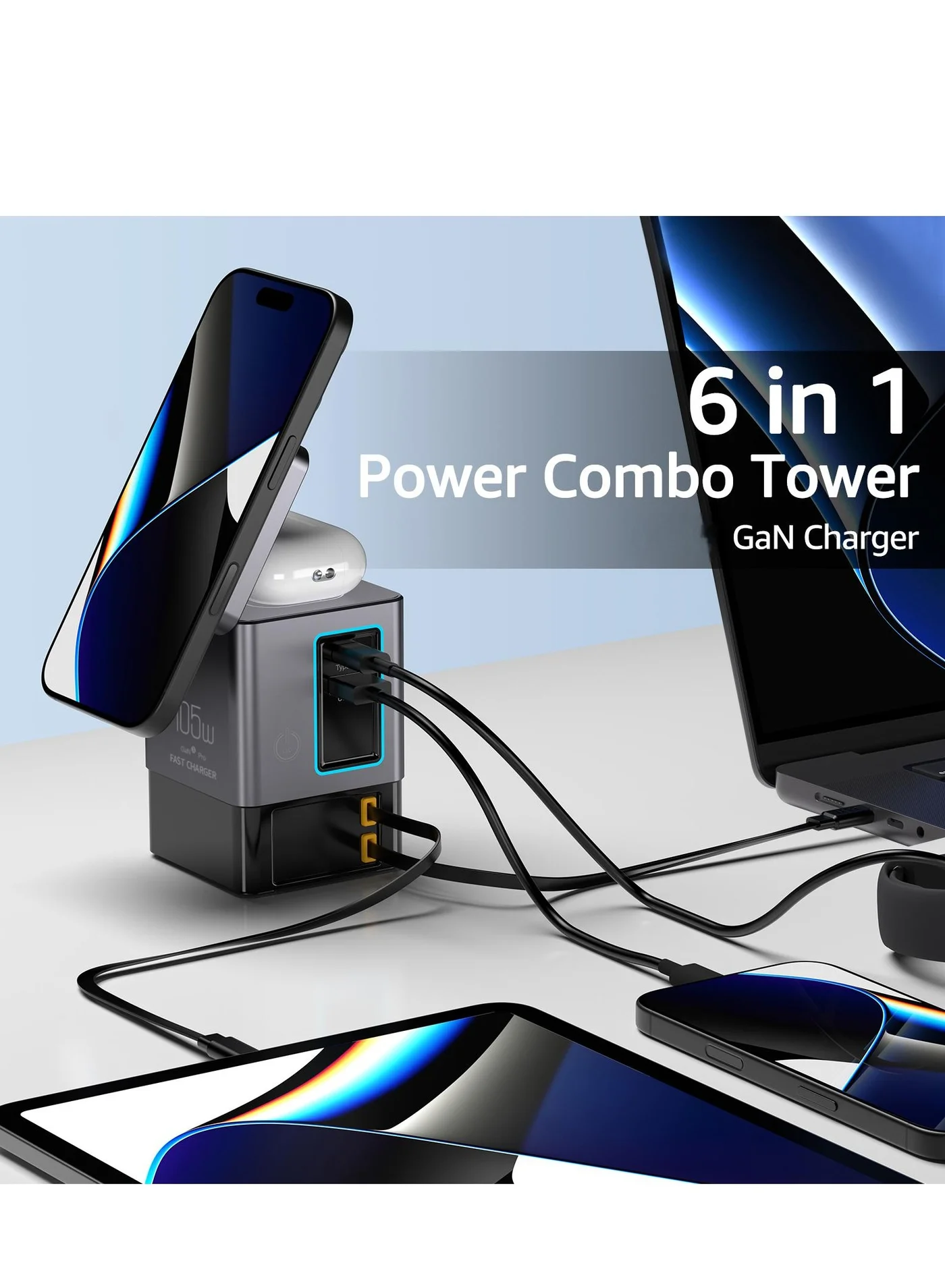 Premium 6-in-1 GaN Charging Station 105W Multi-Port Desktop Power Hub with Retractable Cables and Wireless Charging (Black) 4pk82