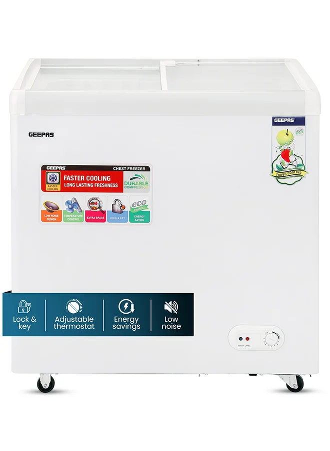 Geepas Chest Showcase Freezer with Sliding Glass Door, Convertible Fridge Function, Temperature Control, Lock and Key, 260 L (White) qx2rf