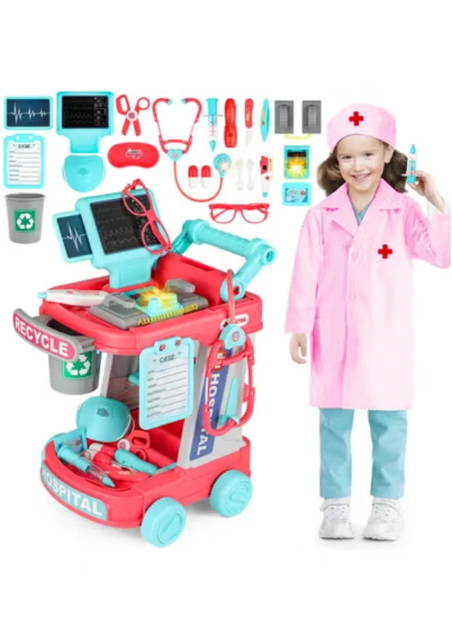 XiuWoo Kids Doctor Cart Playset with Medical Instruments and Costume (Pink, 1 Set) unnpd