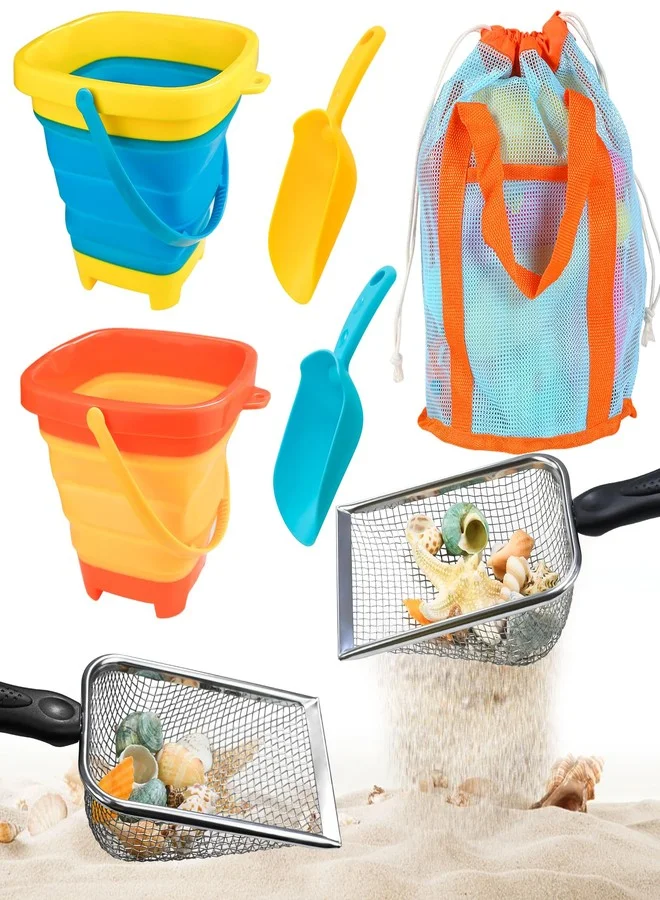 QINGLER Beach Sand Toys Set, Collapsible Buckets with Metal Sifters and Plastic Shovels (2-Pack, Kids Summer Travel Activity Kit) 0nn0t