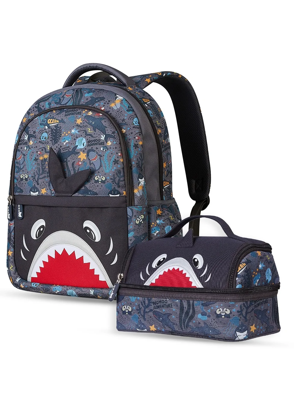 Premium Shark Design Kids School Backpack and Lunch Bag Set (Grey, 40 cm) q9z0k