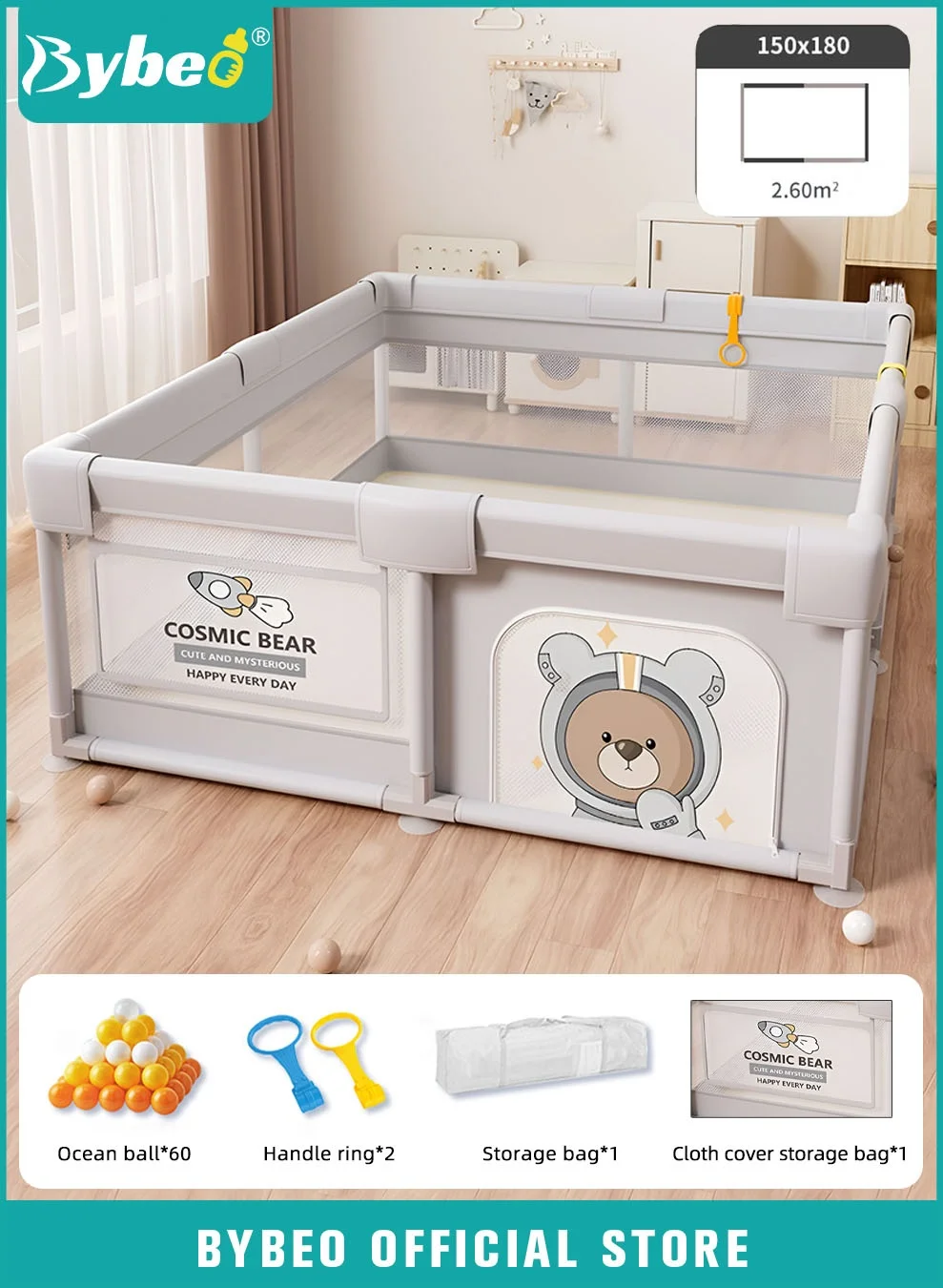 Bybeo Portable Baby Playpen Activity Center with 60 Marine Balls and Storage Bag (150x180cm) hy2vw