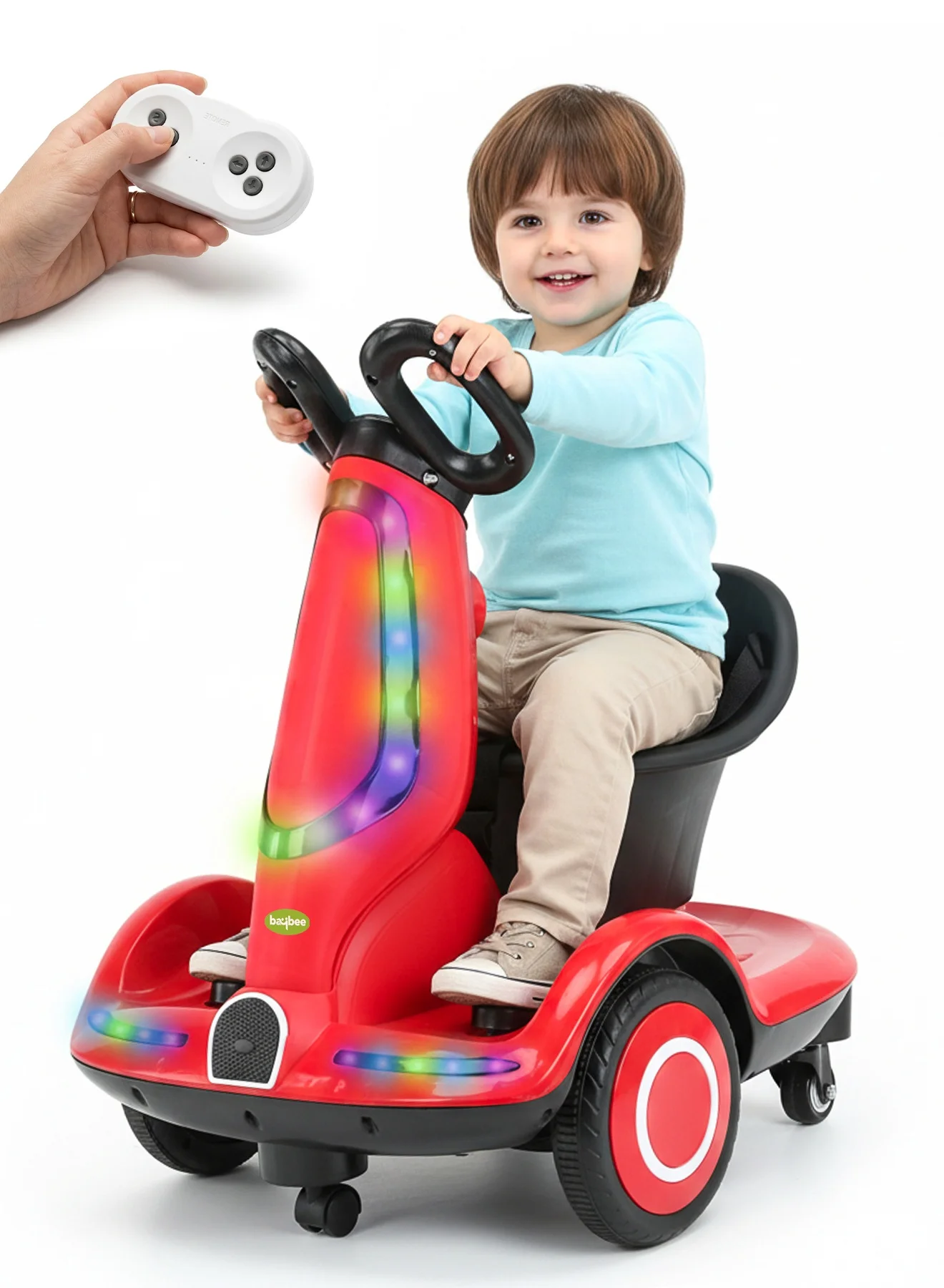 BAYBEE 4-Wheel Electric Ride-On Scooter with 360¡ã Rotation, LED Lights & Music (Red, Kids) 7xede