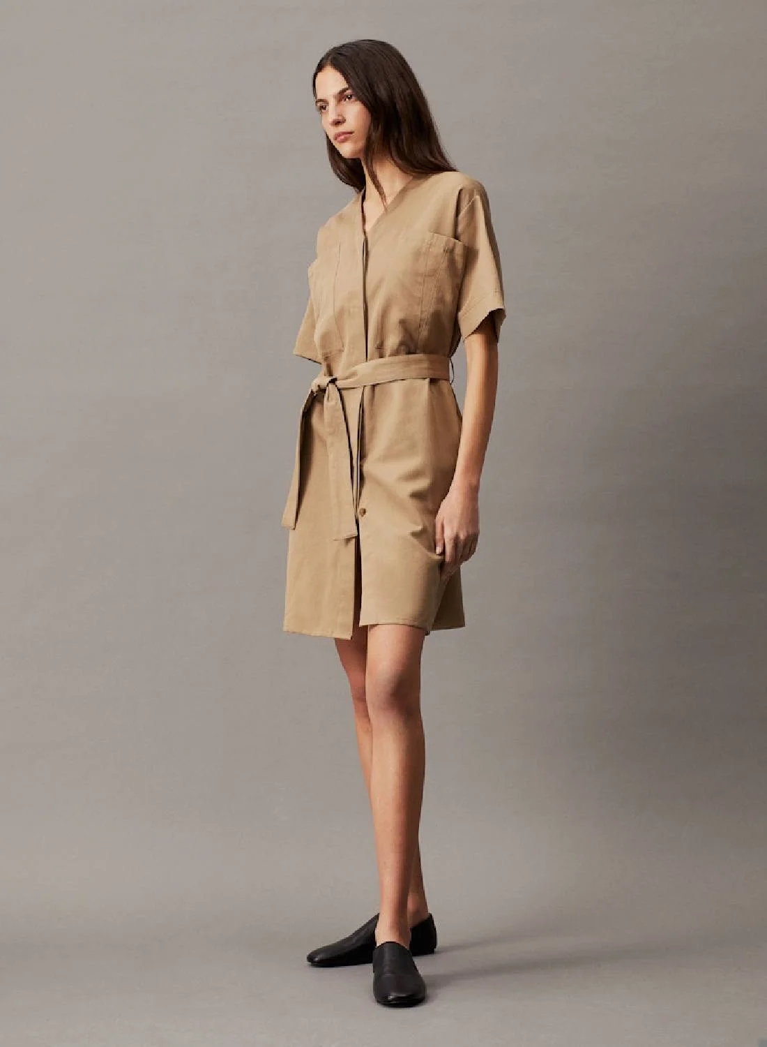 Premium Linen Belted Shift Dress Oversized Casual Elegant Style for Women (Beige, Medium) i3361
