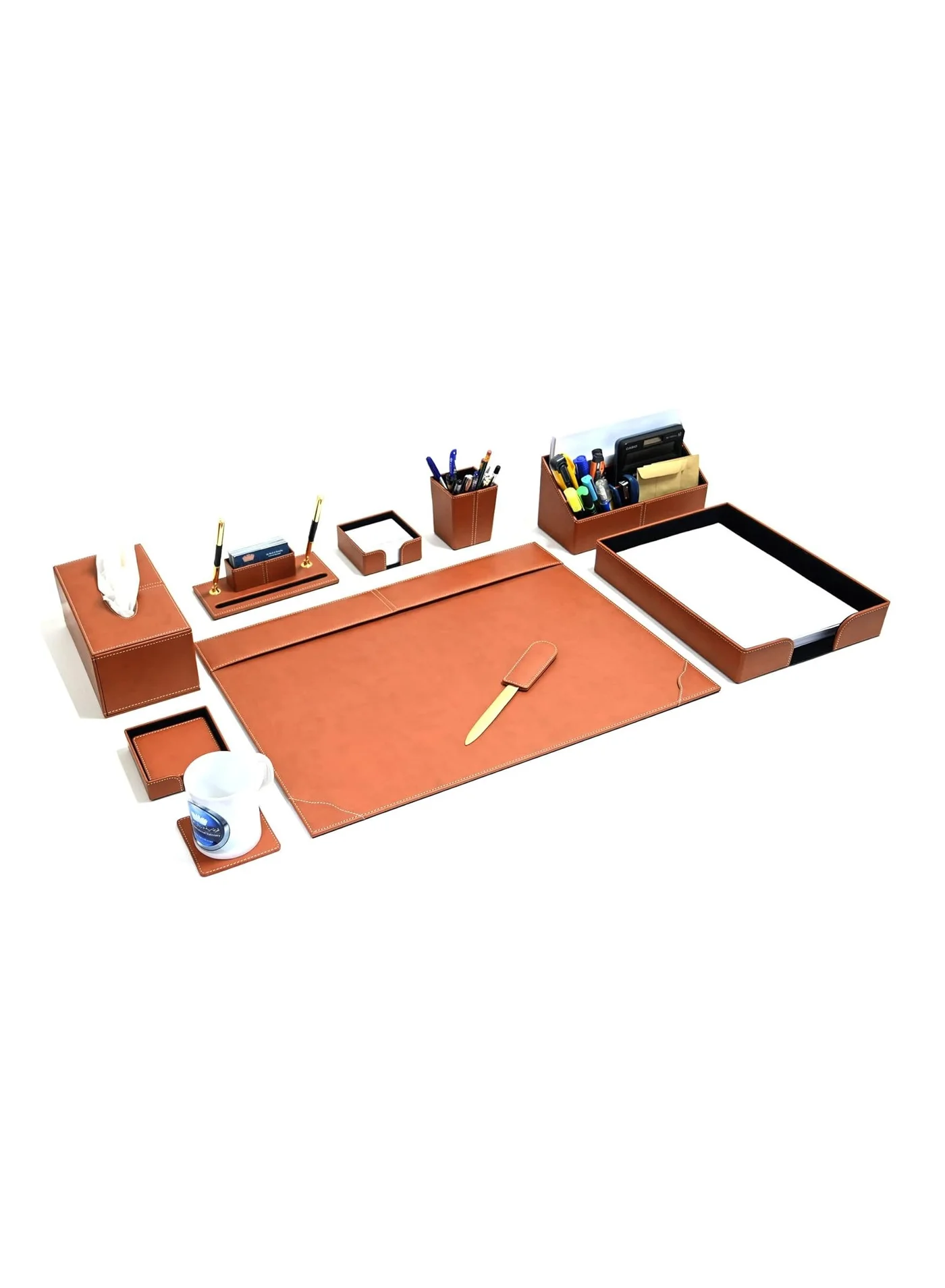 FIS Executive Desk Organizer Set Premium Italian PU Leather (9-Piece Set, Brown) l4dy7