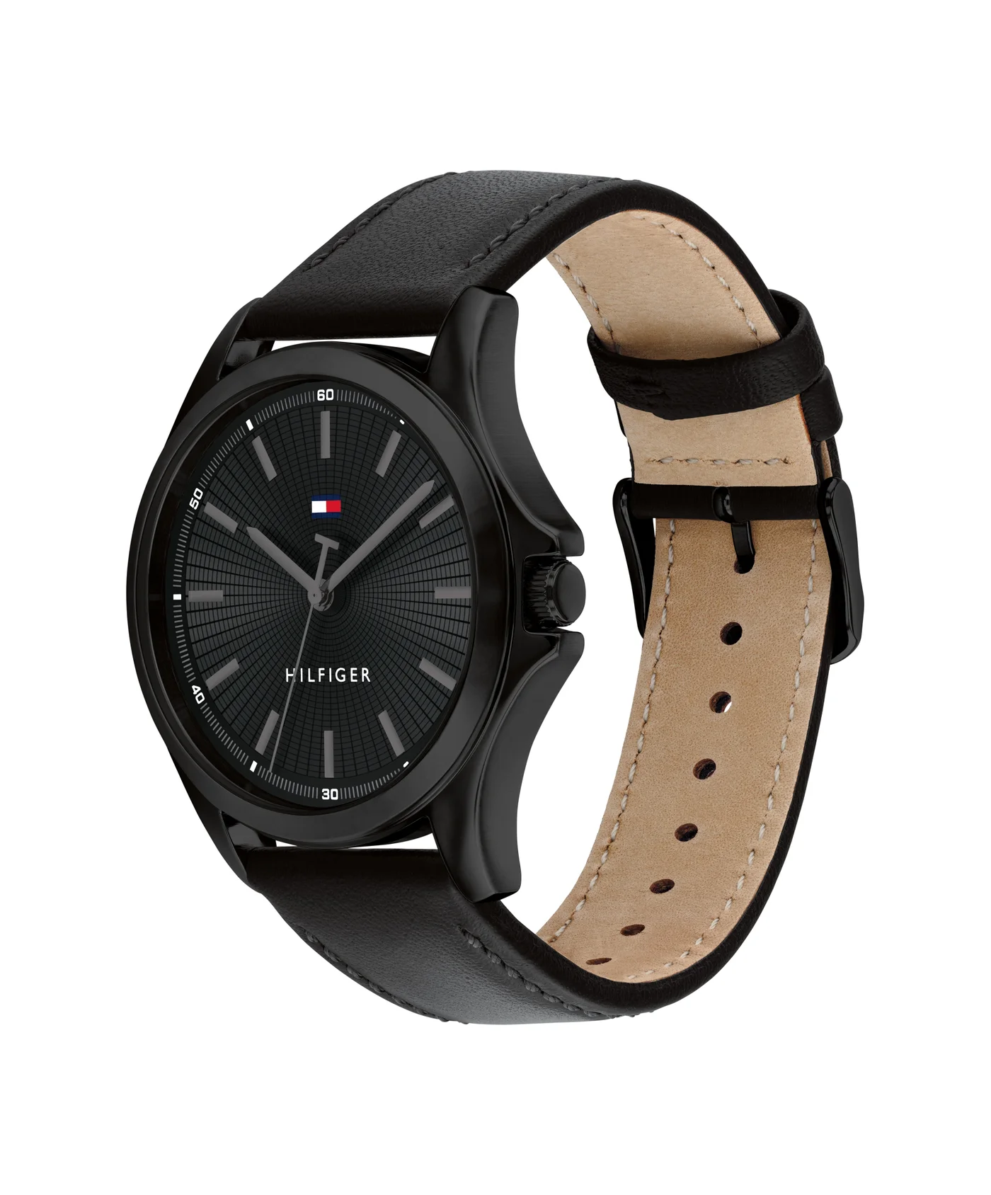 Premium Round Analog Men's Watch with Black Steel Case and Leather Strap (42mm) 7tx1v