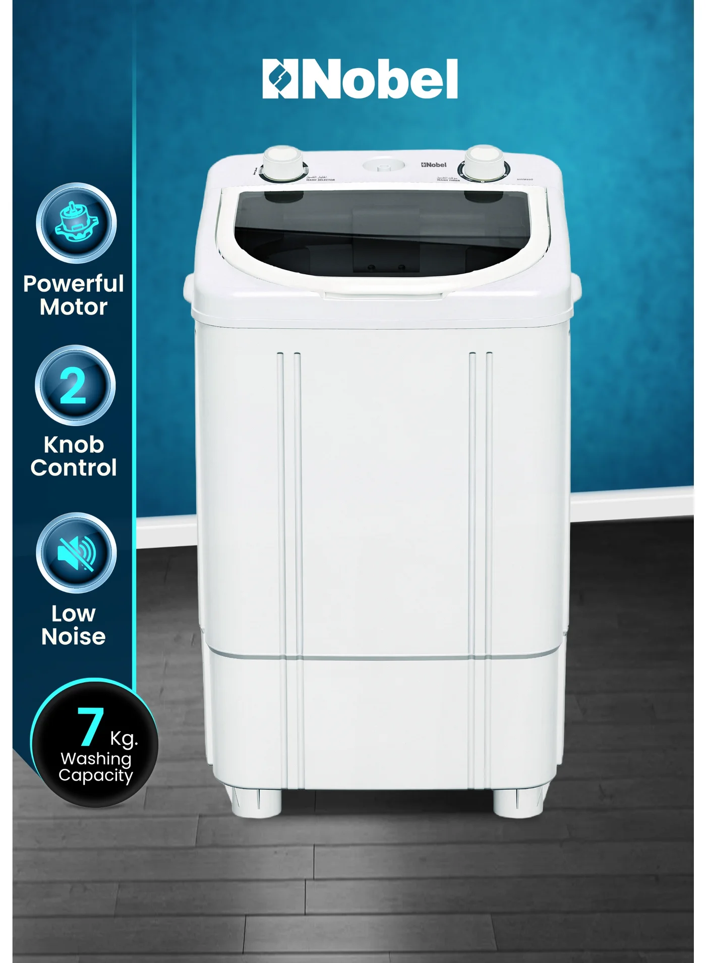 Nobel Semi Automatic Washing Machine 7kg Single Tub with 3D Pulsator and Rust-Free Body (White, 7kg) 90ovc