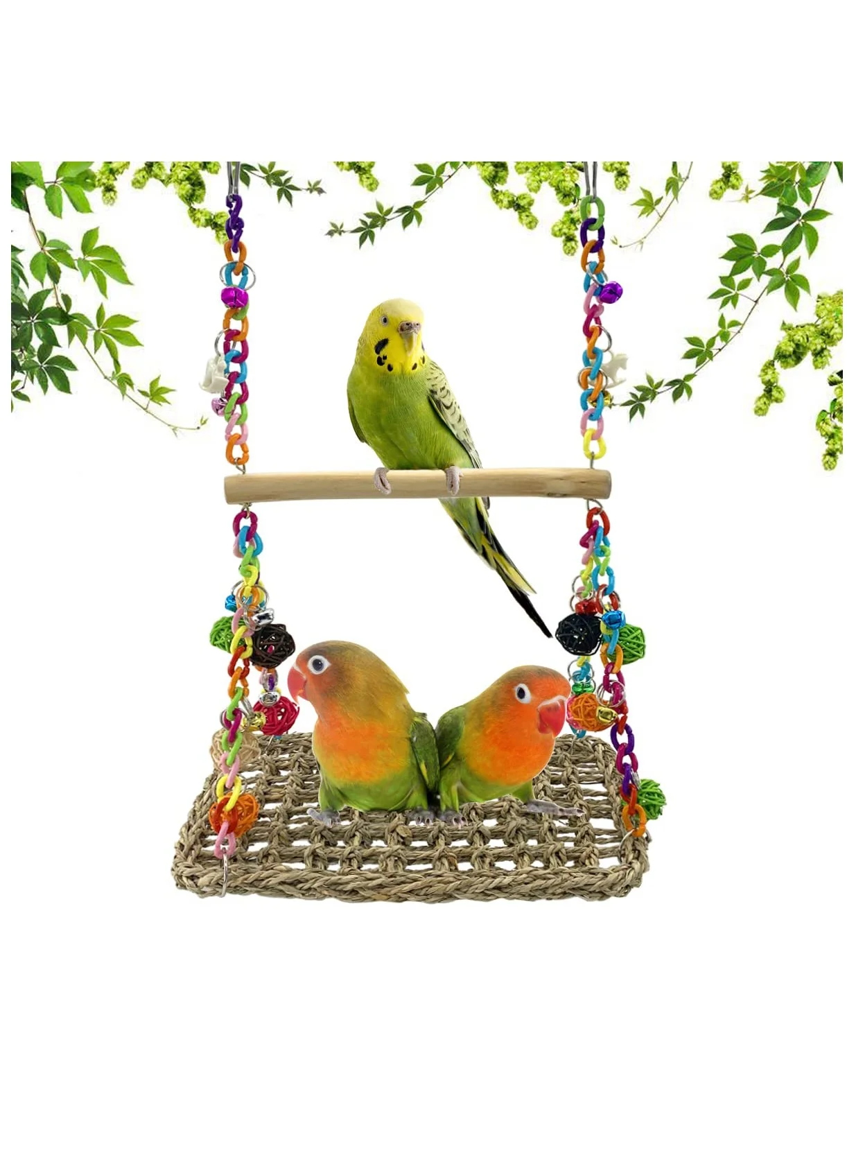 Excefore Bird Seagrass Swing Toy with Wood Perch (Natural Woven Hammock, 20cm x 20cm) oh6m0