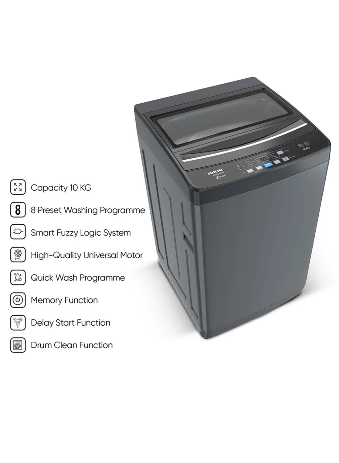 Nikai 10kg Fully Automatic Top Loading Washing Machine with Stainless Steel Drum and Quick Wash (Dark Grey, 10kg) hmgkv