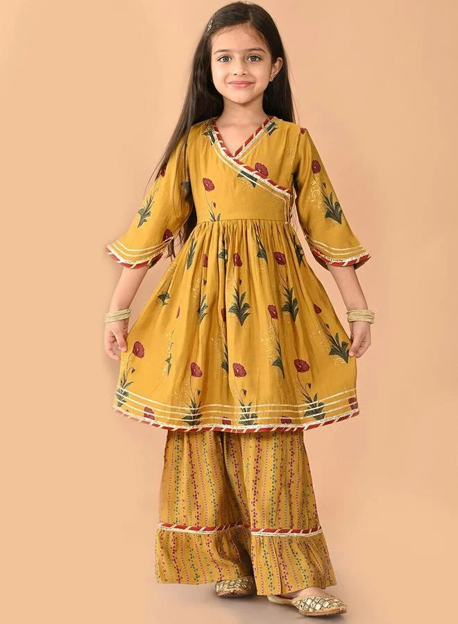 LILPICKS Yellow Kurta Set Straight Fit Cotton Ethnic Wear with Self Design and Round Neck (Kids, Yellow, 120 cm) 0fjtd