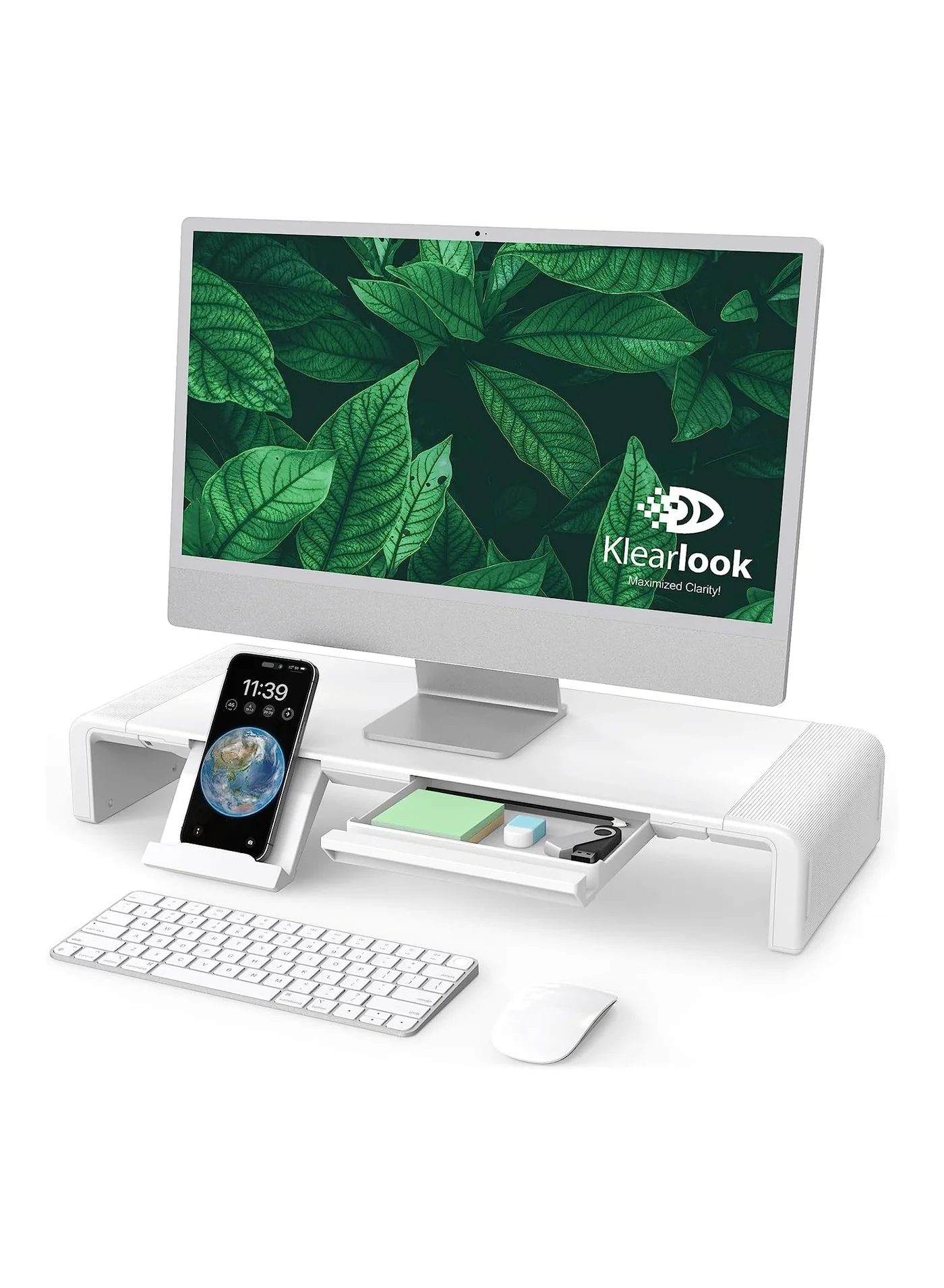 Olmaster Foldable Monitor Stand Riser with Storage Drawer, Height Adjustable Desktop Organizer for Computer and Laptop (White) uab81