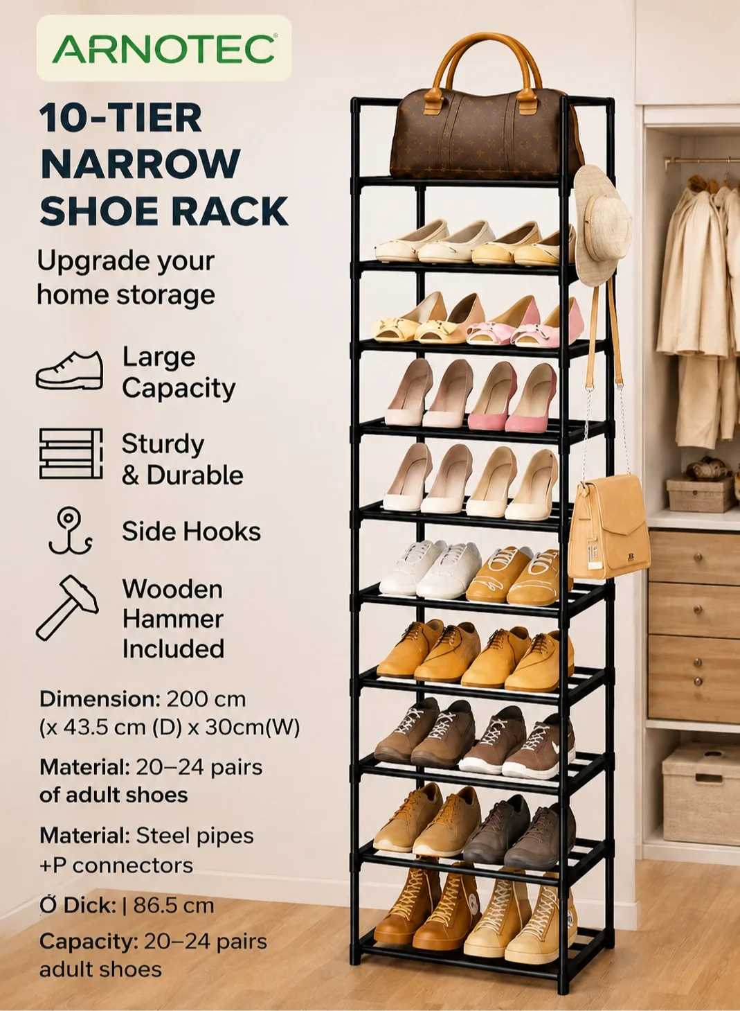ARNOTEC 10-Tier Narrow Shoe Rack Organizer, Space-Saving Metal Storage Shelf with Hooks for Entryway and Closet (Black, 200 cm H x 43.5 cm D x 30 cm W) e98cy