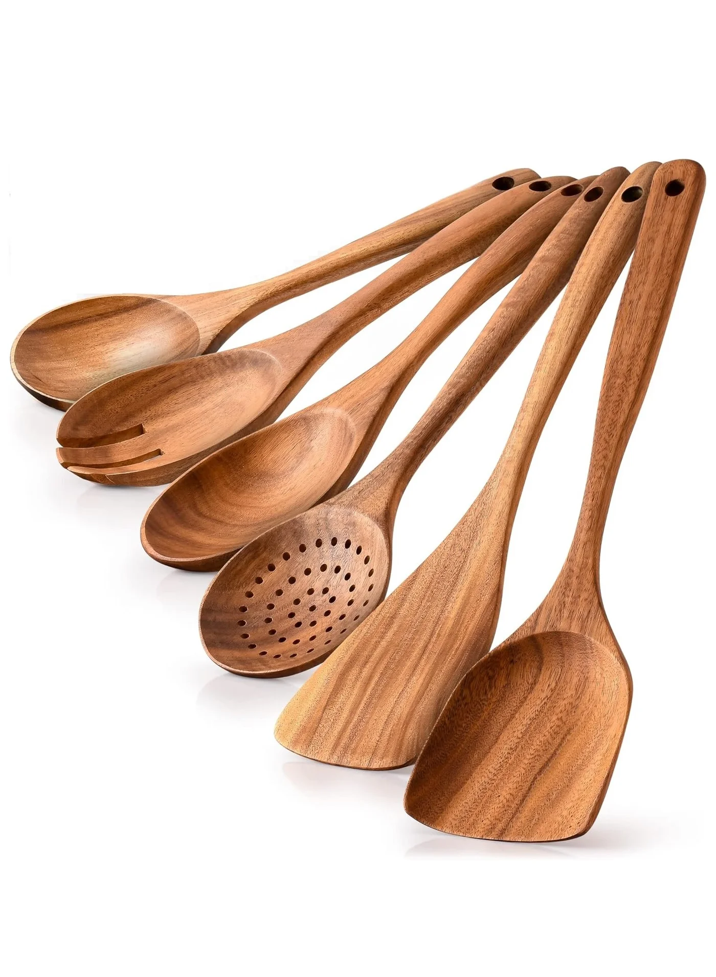 Premium Teak Wooden Cooking Utensils Set - 6 Piece Non-Stick Kitchen Spoons for Cooking and Serving (6 Piece Set) k7xlq