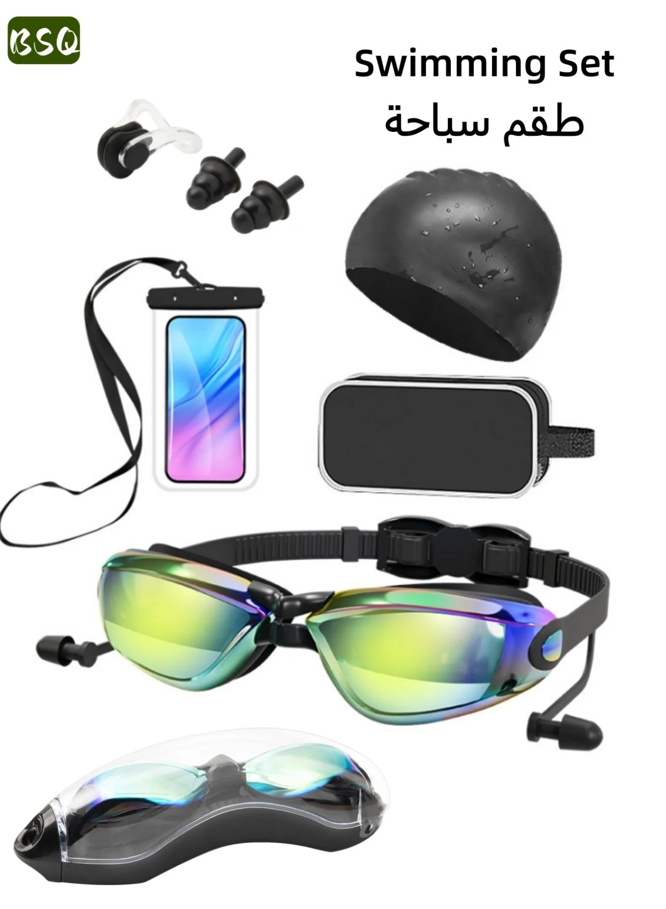 BSQ 5-in-1 Professional Swim Goggle Set with UV Protection and Panoramic View (Clear, One Size) k6j3x
