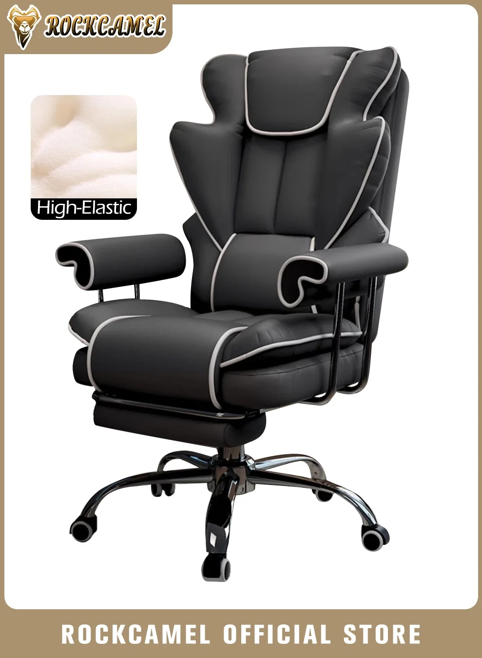 ROCKCAMEL Ergonomic Gaming Chair with Retractable Footrest and Lumbar Support, High Back PU Leather Office Chair for Home and Professional Workspace (Black) zx20e
