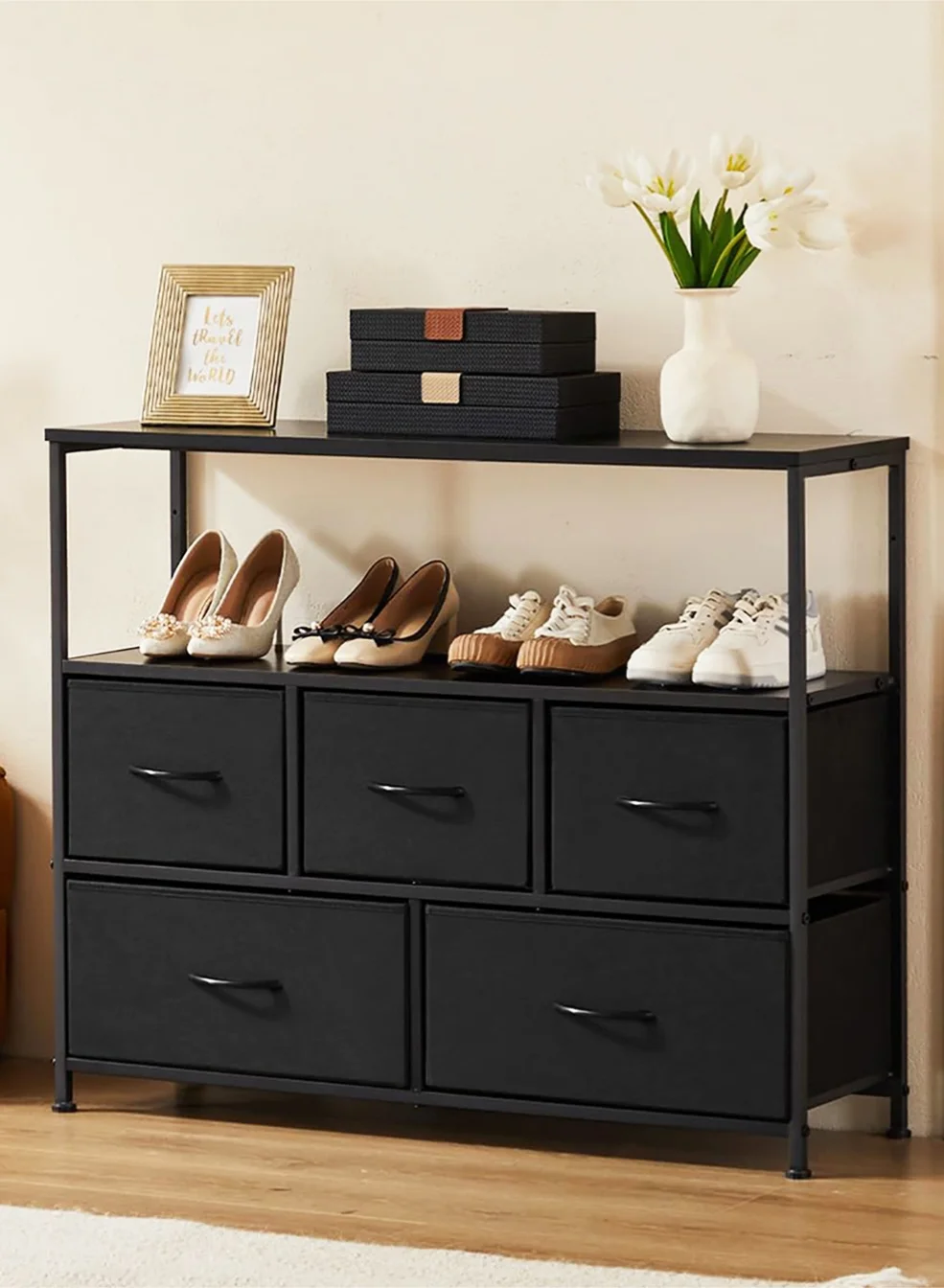 Yanara Storage Cabinet with 5 Fabric Drawers and Open Shelf for 45-inch TV (Black, 114 cm) r9shr