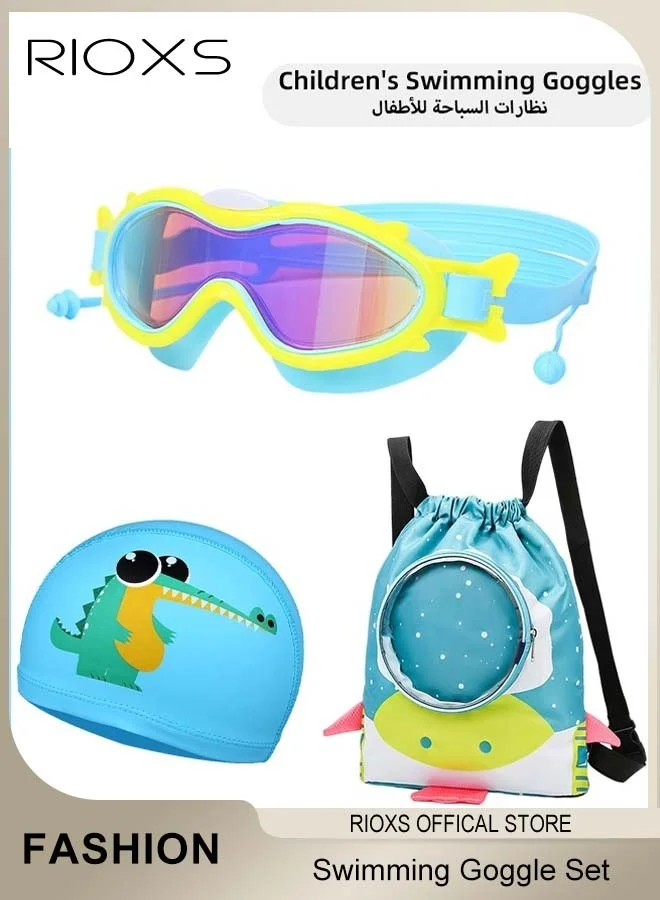 RIOXS Kids Swimming Goggle Set with Floral Swim Cap and Storage Bag (4-Piece Set, Unisex) 9519n